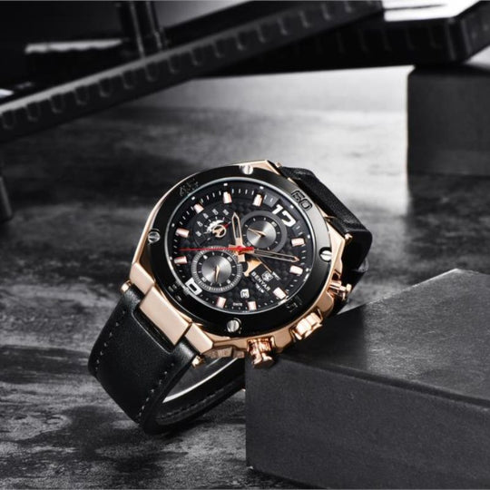 Men’s Luxury Sport Chronograph Watch | Quartz | 45 mm Case | Leather Strap | 3 ATM