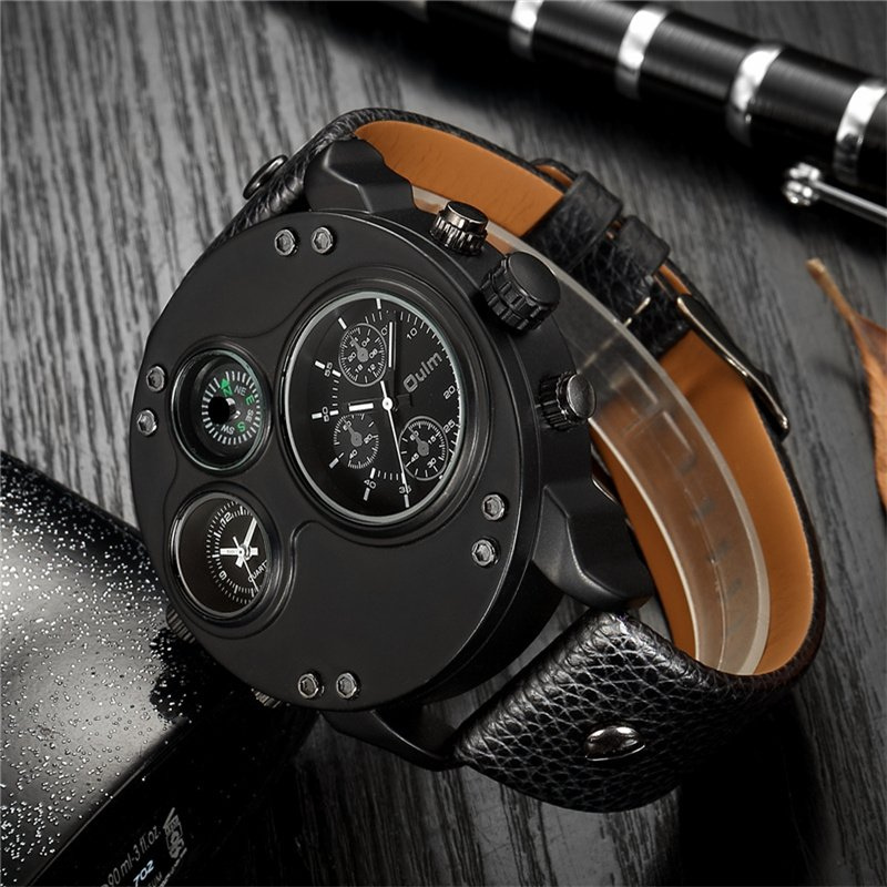 Men’s Tactical Dual-Time Watch 53 mm | 4-Dial Design with Compass & Thermometer | Leather Strap
