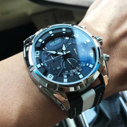 Men’s Military Sport Chronograph Watch 47 mm | Quartz Movement | Leather Strap | 3 ATM Water Resistant