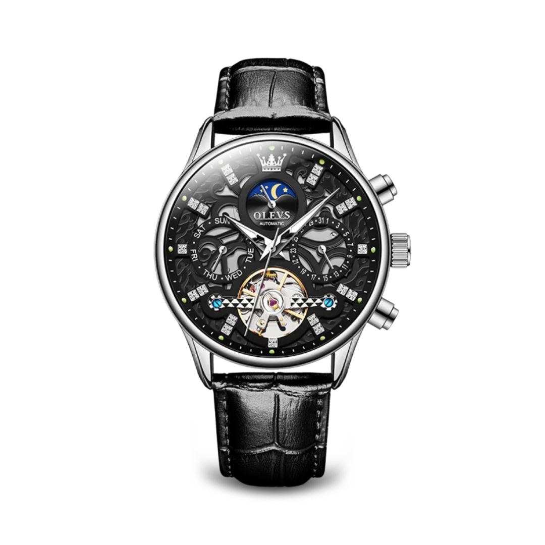 Men’s Automatic Moonphase Skeleton Watch | 42 mm | Leather Strap | Date & Multi-Function Display