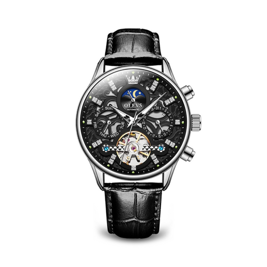 Men’s Automatic Moonphase Skeleton Watch | 42 mm | Leather Strap | Date & Multi-Function Display