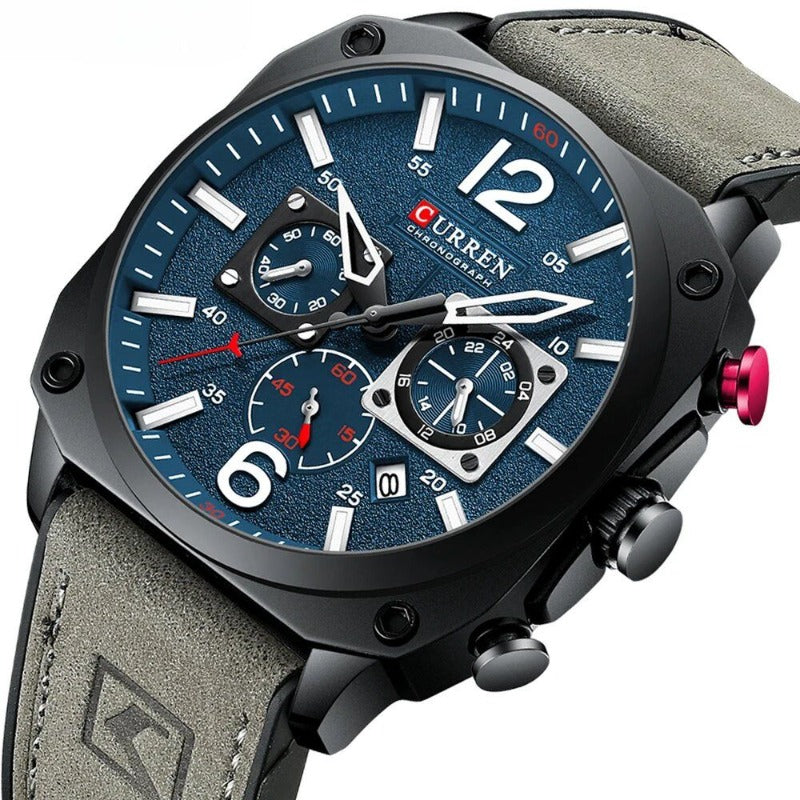 Men’s Chronograph Quartz Watch | 44 mm Case | Leather Strap | 3 ATM Water Resistant | Date