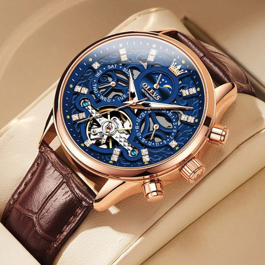 Men’s Automatic Moon Phase Chronograph Watch | 40 mm | Leather  Business Strap | 3 ATM Water Resistant