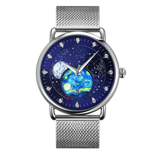 Unisex starry-sky quartz watch | 43 mm case | mesh steel strap | calendar | 3 ATM water resistant