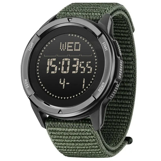 Men’s Tactical Digital Field Watch 45 mm | Black Case & Green Nylon Strap | 5 ATM | Alarm & Chronograph