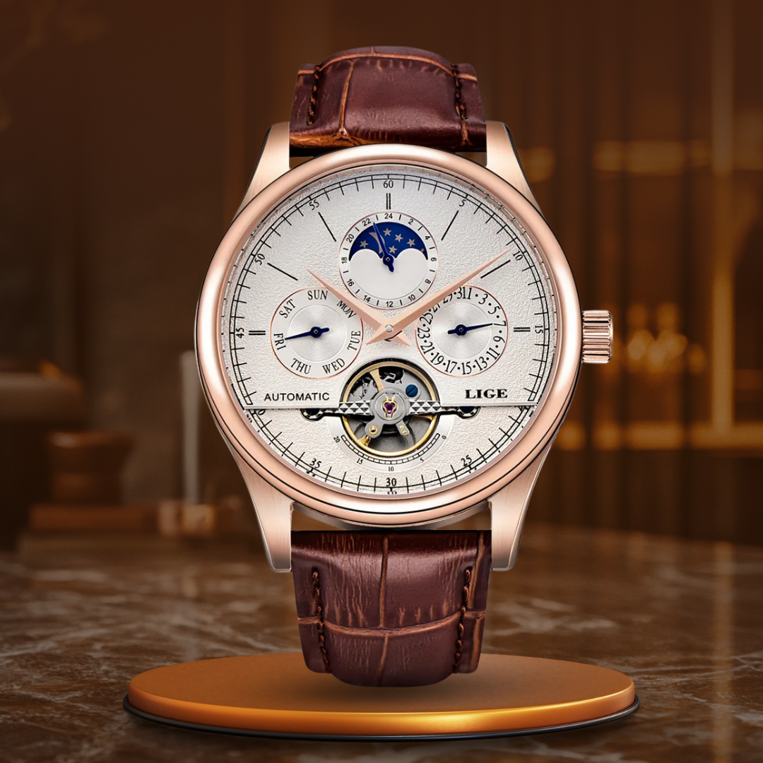 Men’s Automatic Moonphase Tourbillon Watch | 43 mm | Leather Strap | Multi-Function Calendar