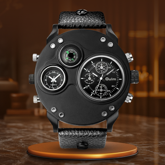 Men’s Tactical Dual-Time Watch 53 mm | 4-Dial Design with Compass & Thermometer | Leather Strap