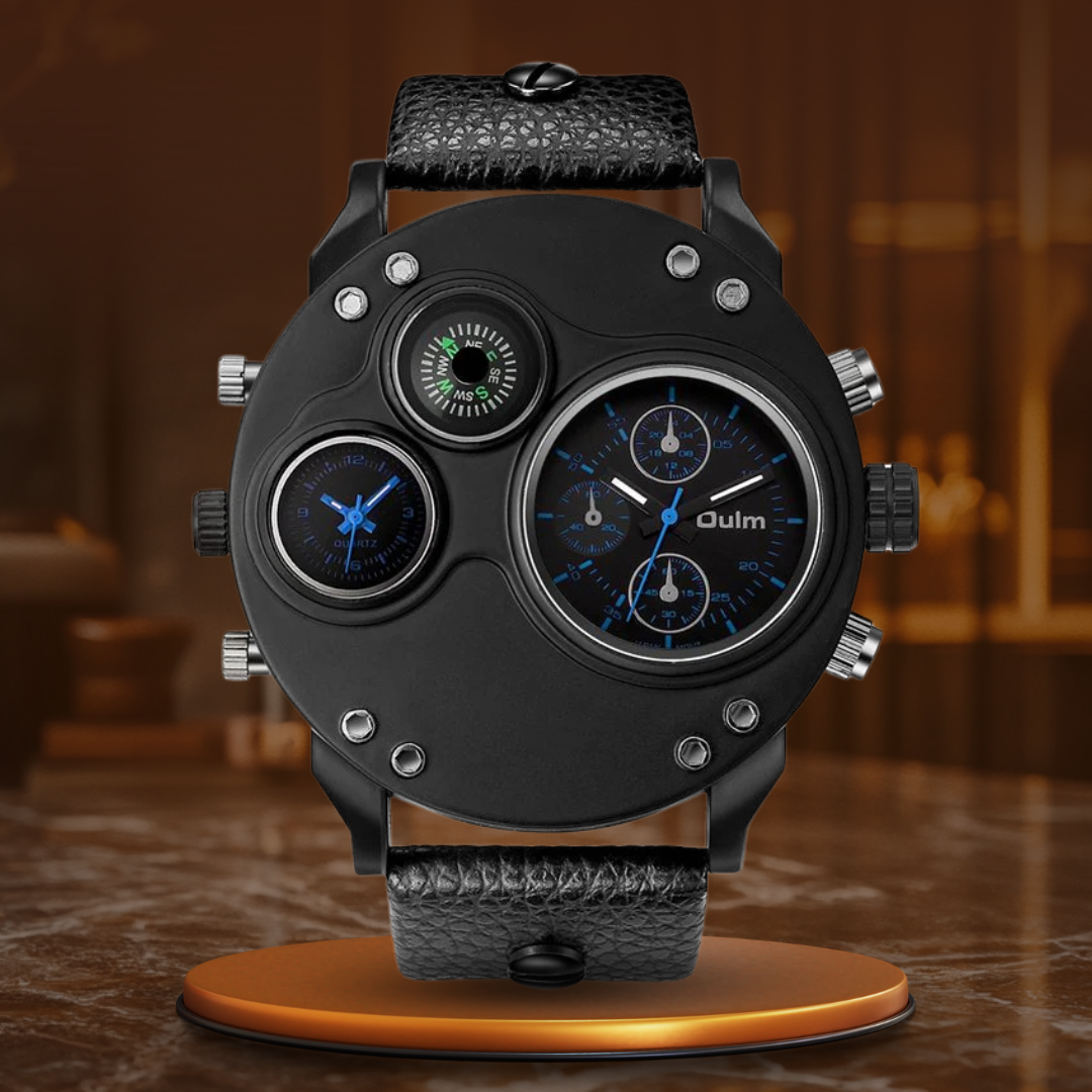 Men’s Tactical Dual-Time Watch 53 mm | 4-Dial Design with Compass & Thermometer | Leather Strap