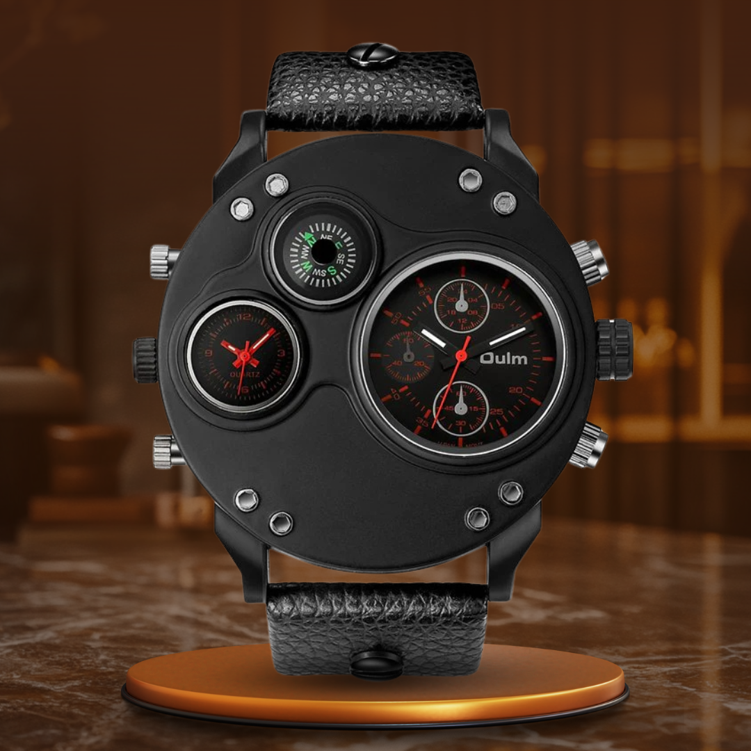 Men’s Tactical Dual-Time Watch 53 mm | 4-Dial Design with Compass & Thermometer | Leather Strap