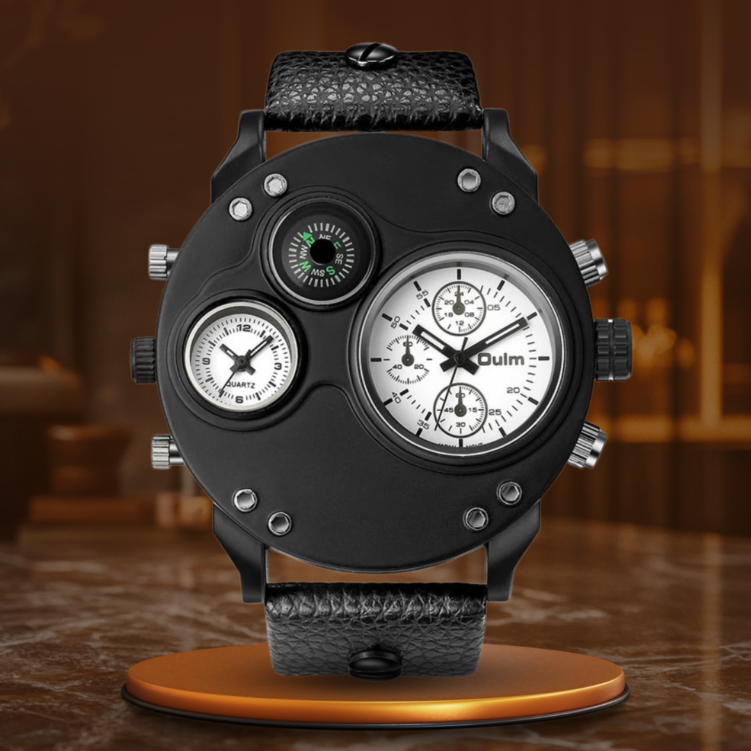 Men’s Tactical Dual-Time Watch 53 mm | 4-Dial Design with Compass & Thermometer | Leather Strap