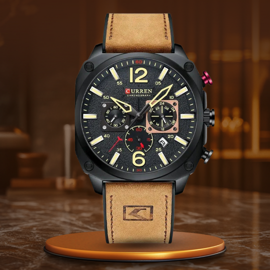 Men’s Chronograph Quartz Watch | 44 mm Case | Leather Strap | 3 ATM Water Resistant | Date