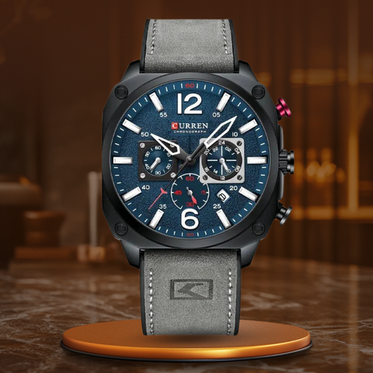 Men’s Chronograph Quartz Watch | 44 mm Case | Leather Strap | 3 ATM Water Resistant | Date