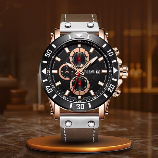 Men’s Military Chronograph Quartz Watch | 48 mm Case | Leather Strap | Date & Stopwatch | 3 ATM