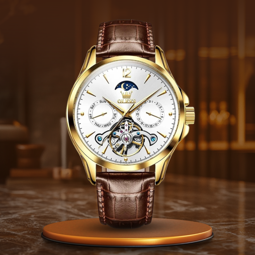 Men’s Luxury Moonphase Quartz Watch 42 mm | Open-Heart Day-Date Dial | Leather Strap | 3 ATM