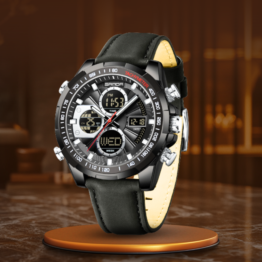Men’s Military Analog-Digital Sports Watch | 46 mm Oversize Case | Chronograph & Calendar | 3 ATM | Leather Strap