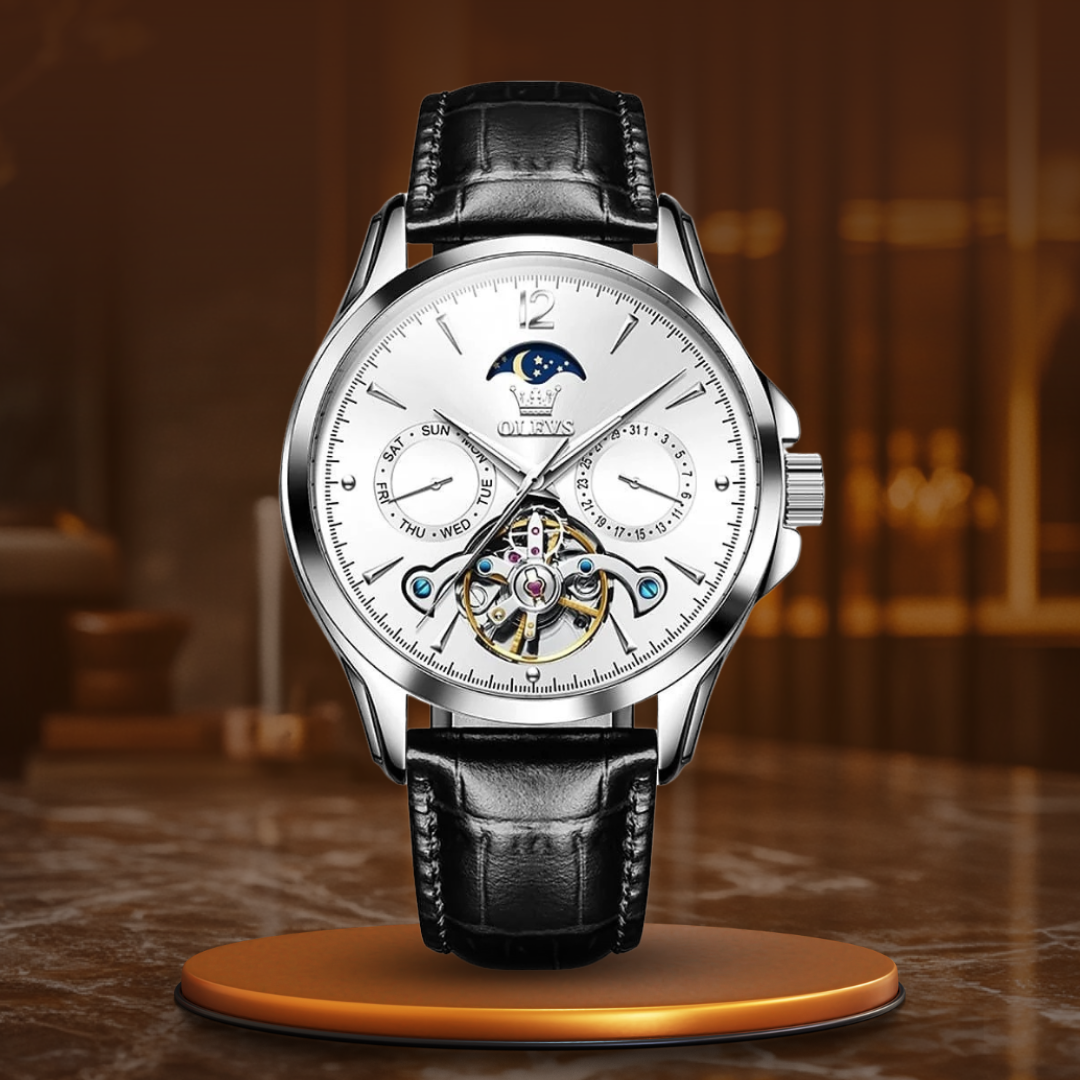 Men’s Luxury Moonphase Quartz Watch 42 mm | Open-Heart Day-Date Dial | Leather Strap | 3 ATM