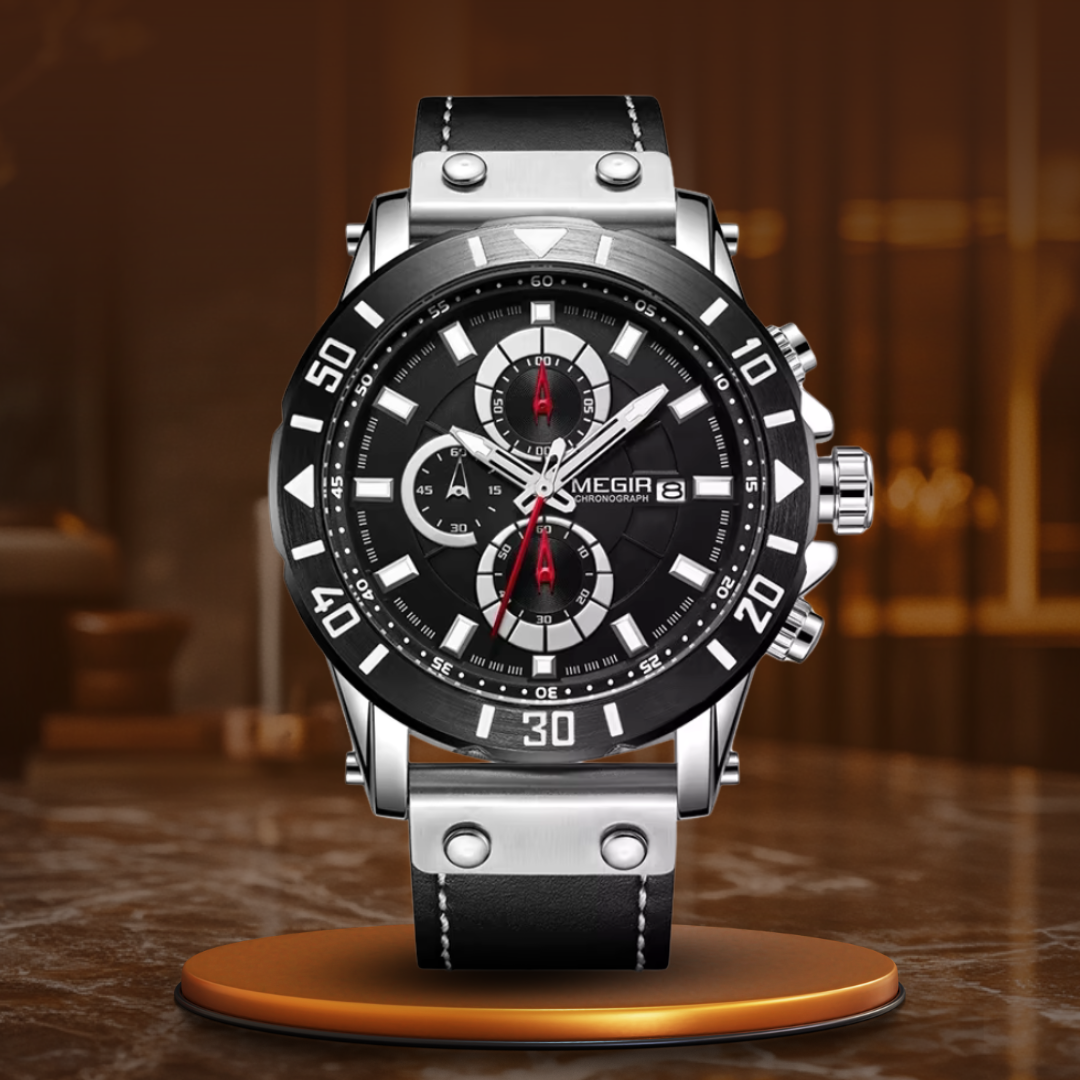 Men’s Military Chronograph Quartz Watch | 48 mm Case | Leather Strap | Date & Stopwatch | 3 ATM