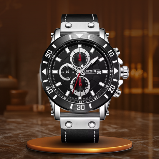 Men’s Military Chronograph Quartz Watch | 48 mm Case | Leather Strap | Date & Stopwatch | 3 ATM