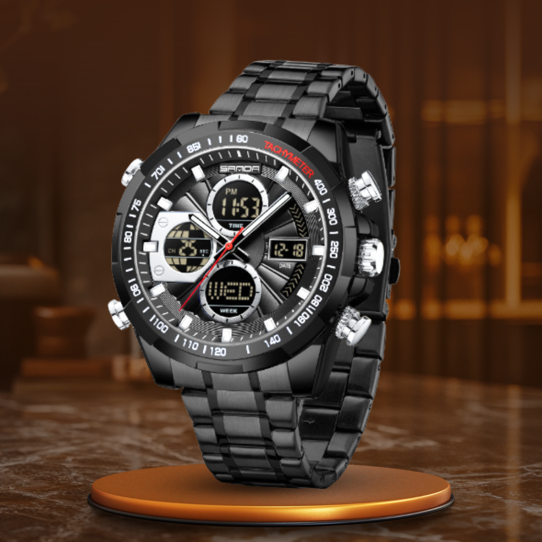 Men’s Military Analog-Digital Sports Watch | 46 mm Oversize Case | Chronograph & Calendar | 3 ATM | Leather Strap
