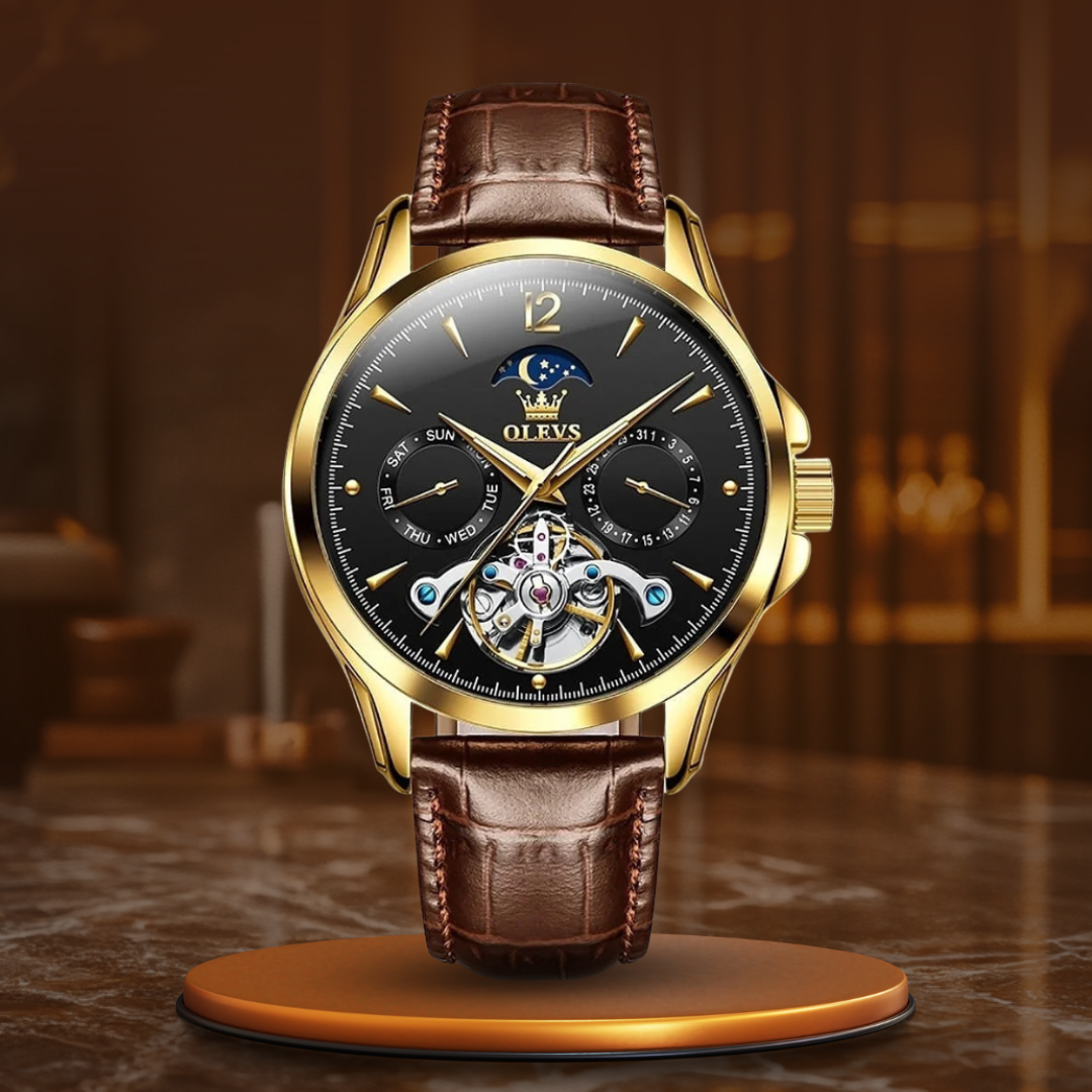 Men’s Luxury Moonphase Quartz Watch 42 mm | Open-Heart Day-Date Dial | Leather Strap | 3 ATM