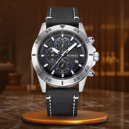 Men’s Chronograph Watch 46 mm | Sporty Quartz Tachymeter | Leather Strap | Date | 3 ATM