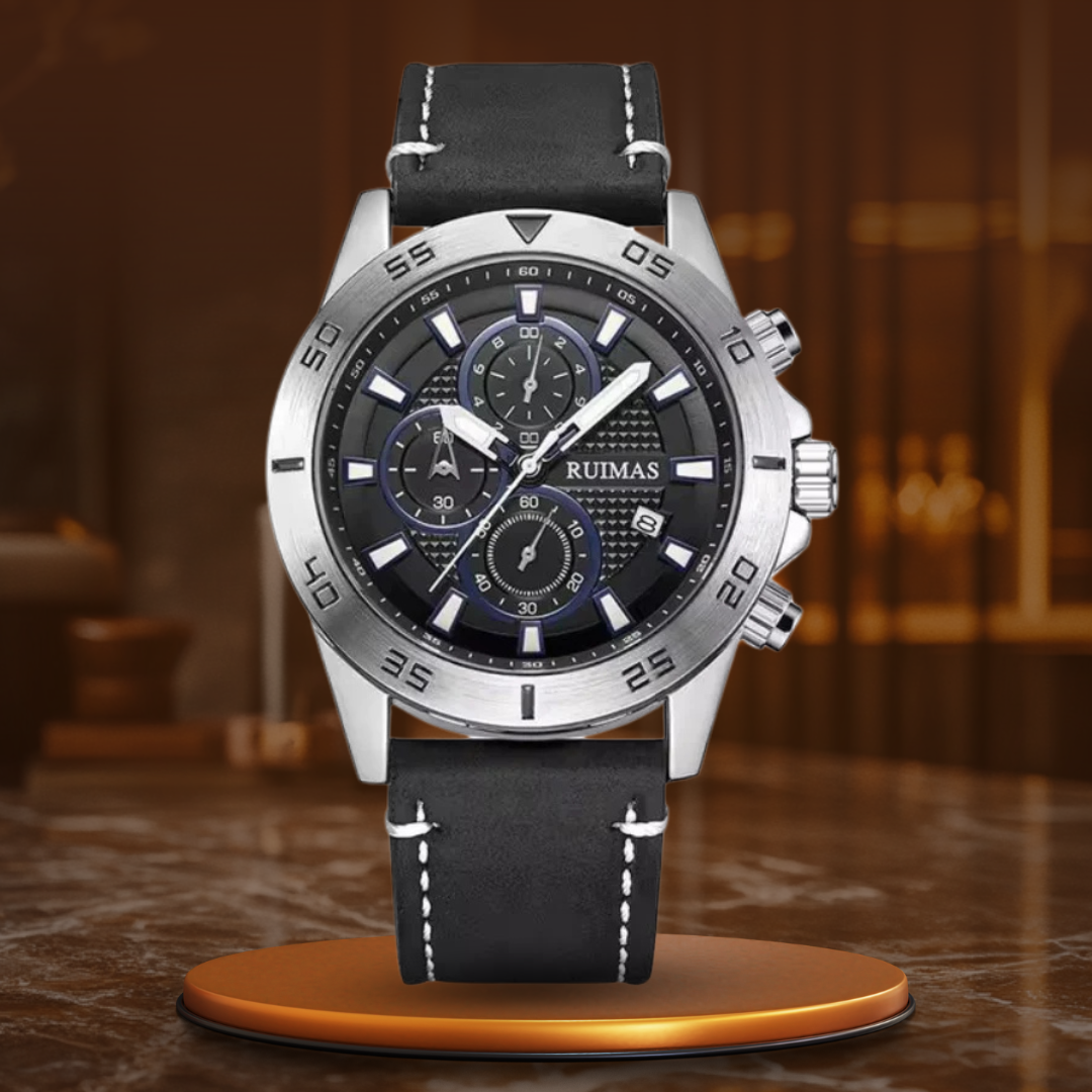 Men’s Chronograph Watch 46 mm | Sporty Quartz Tachymeter | Leather Strap | Date | 3 ATM