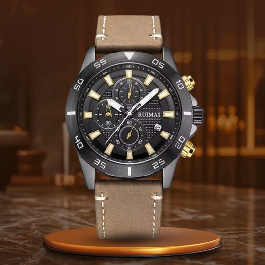 Men’s Chronograph Watch 46 mm | Sporty Quartz Tachymeter | Leather Strap | Date | 3 ATM