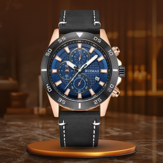 Men’s Chronograph Watch 46 mm | Sporty Quartz Tachymeter | Leather Strap | Date | 3 ATM