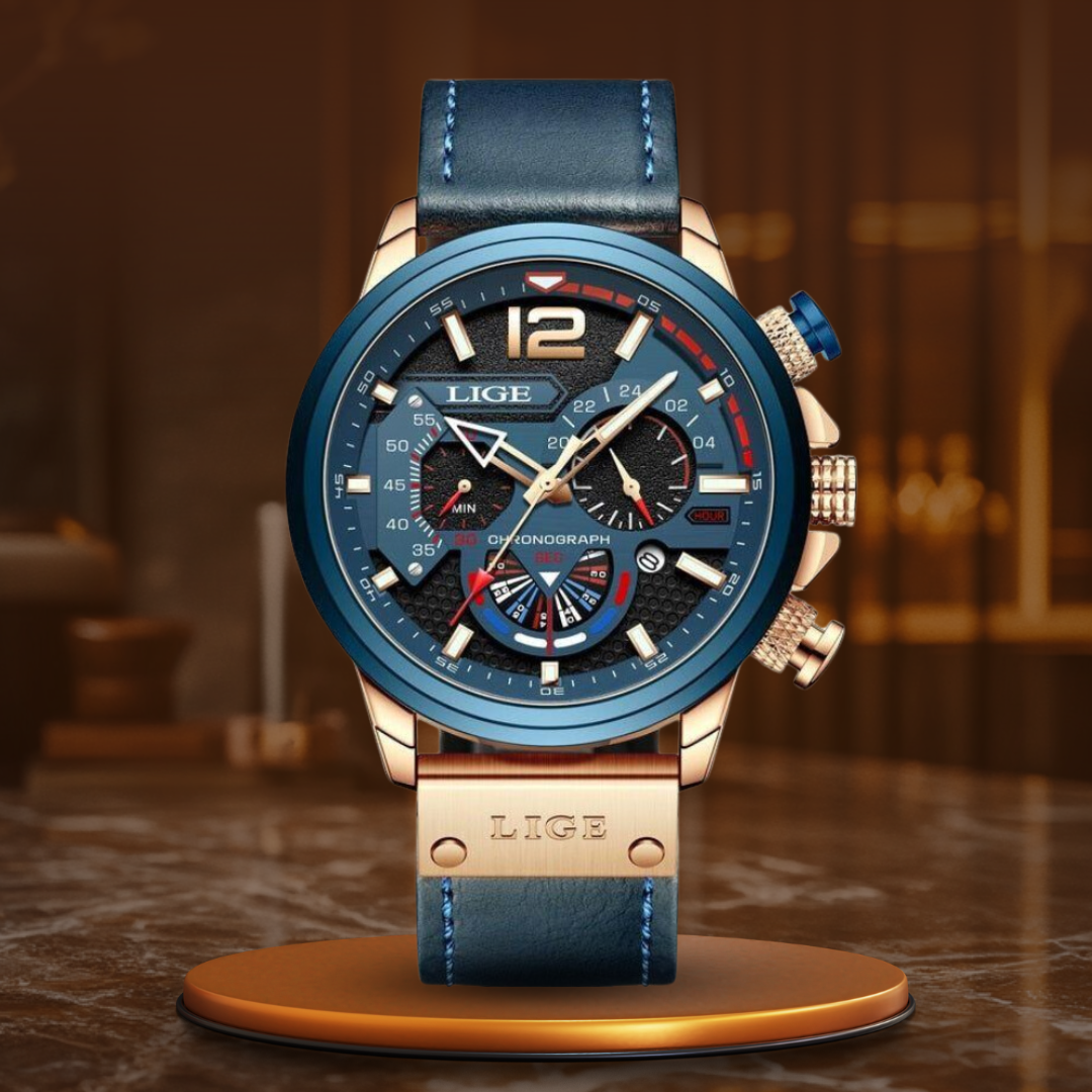 Men’s Rugged Chronograph Watch | 53 mm Case | Brown Leather Strap | Rose-Gold Accents | 3 ATM Water Resistant