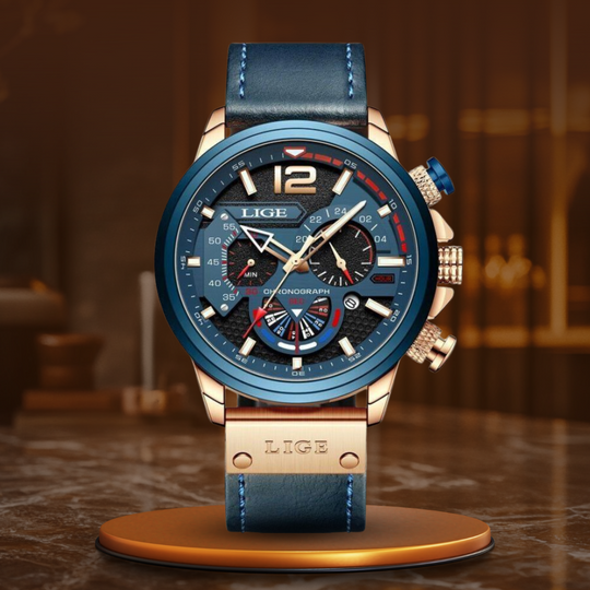 Men’s Rugged Chronograph Watch | 53 mm Case | Brown Leather Strap | Rose-Gold Accents | 3 ATM Water Resistant