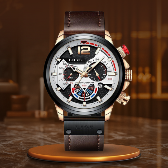 Men’s Rugged Chronograph Watch | 53 mm Case | Brown Leather Strap | Rose-Gold Accents | 3 ATM Water Resistant