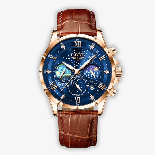 Men’s Moonphase Chronograph Dress Watch | 42 mm | Leather Strap | Quartz Movement
