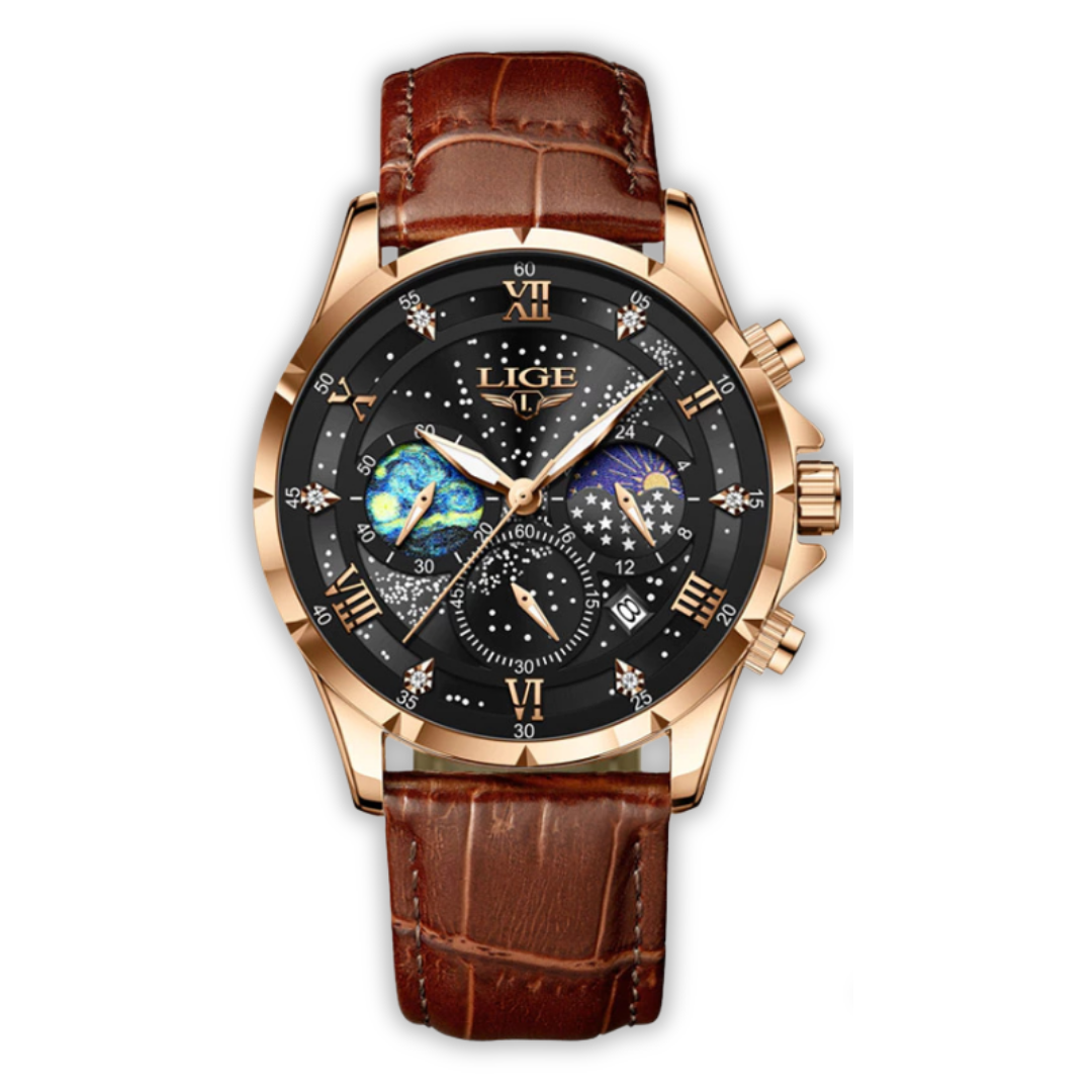 Men’s Moonphase Chronograph Dress Watch | 42 mm | Leather Strap | Quartz Movement