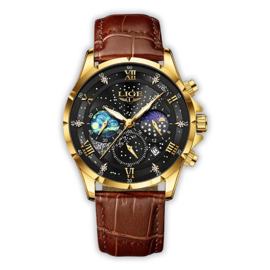 Men’s Moonphase Chronograph Dress Watch | 42 mm | Leather Strap | Quartz Movement