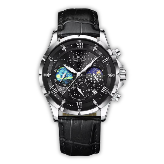 Men’s Moonphase Chronograph Dress Watch | 42 mm | Leather Strap | Quartz Movement