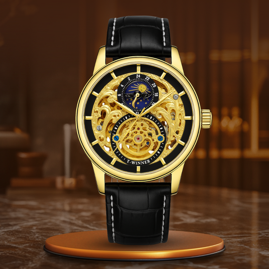 Men’s Premium Skeleton Automatic Watch | 42 mm Case | Moonphase Display | Leather Strap