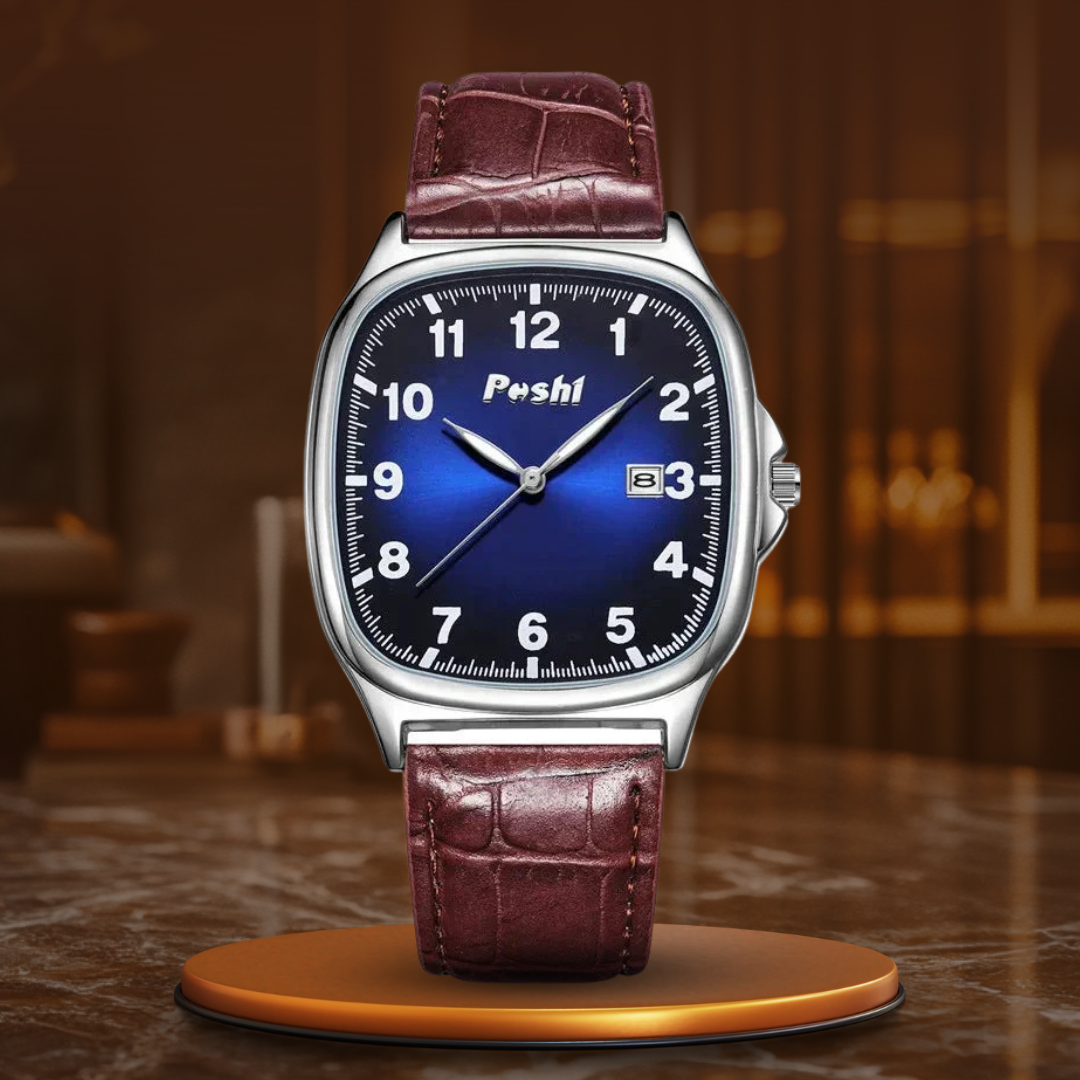 Men’s Quartz Dress Watch 41 mm | Cushion Case | Leather Strap | Date & Luminous Hands | 3 ATM