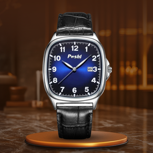 Men’s Quartz Dress Watch 41 mm | Cushion Case | Leather Strap | Date & Luminous Hands | 3 ATM