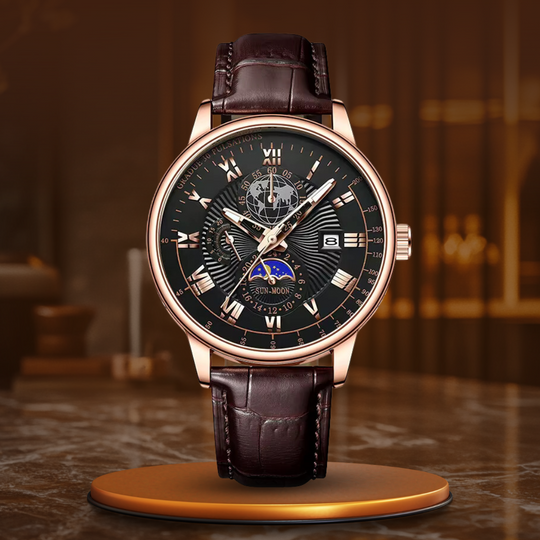 Men’s Business Moonphase Quartz Watch | Chronograph-Style Dial & Date | Leather Strap