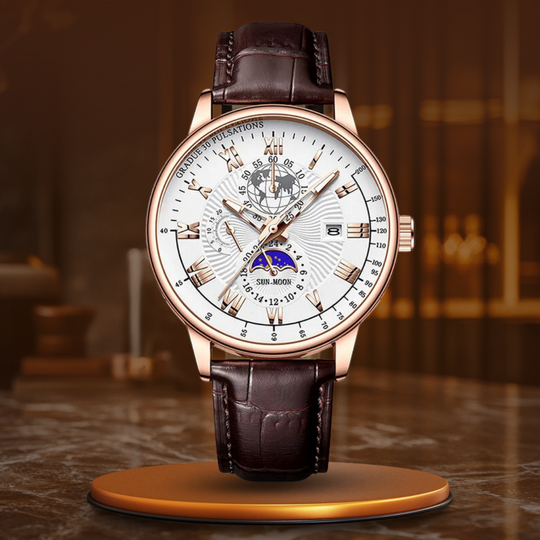 Men’s Business Moonphase Quartz Watch | Chronograph-Style Dial & Date | Leather Strap