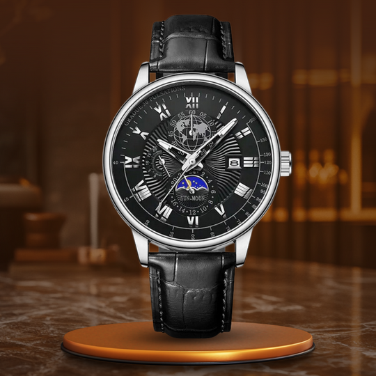 Men’s Business Moonphase Quartz Watch | Chronograph-Style Dial & Date | Leather Strap