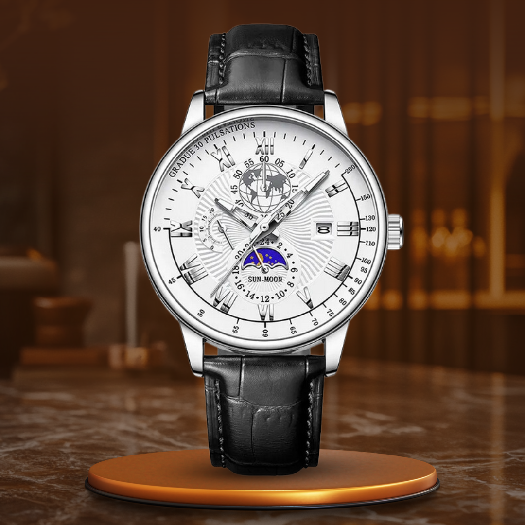 Men’s Business Moonphase Quartz Watch | Chronograph-Style Dial & Date | Leather Strap