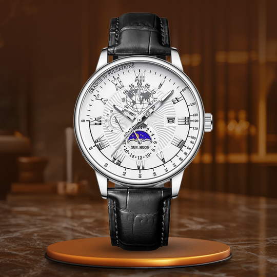Men’s Business Moonphase Quartz Watch | Chronograph-Style Dial & Date | Leather Strap
