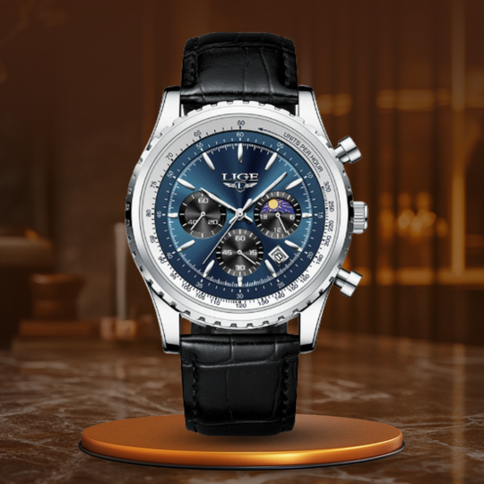 Men’s Business Moonphase Quartz Watch | 46 mm Case | Chronograph-Style Dial & Date | 3 ATM WR | Leather Strap