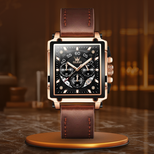 Men’s Luxury Square Chronograph Watch | 45 mm Case | Leather Strap | 3 ATM Water-Resistant