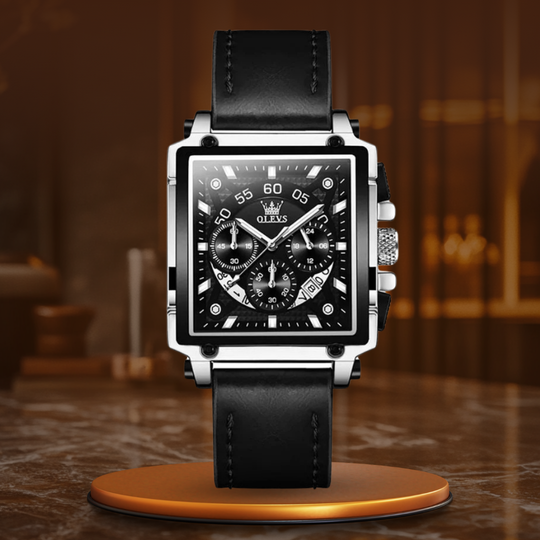 Men’s Luxury Square Chronograph Watch | 45 mm Case | Leather Strap | 3 ATM Water-Resistant