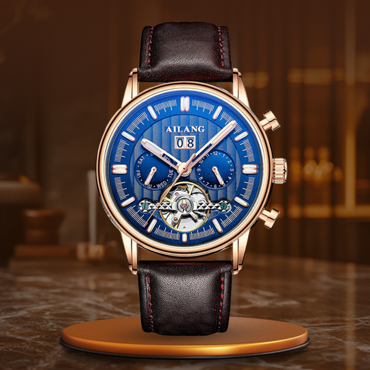 Men’s Tourbillon-Style Automatic Watch 41 mm | Day-Date Dual Subdial | Leather Strap | 3 ATM