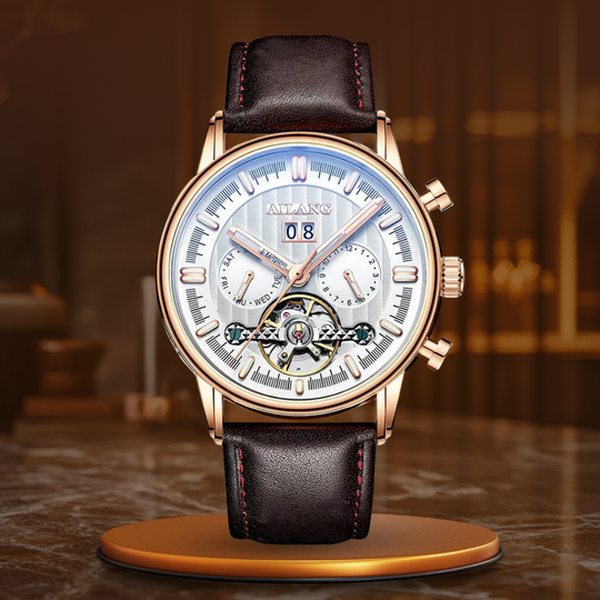 Men’s Tourbillon-Style Automatic Watch 41 mm | Day-Date Dual Subdial | Leather Strap | 3 ATM