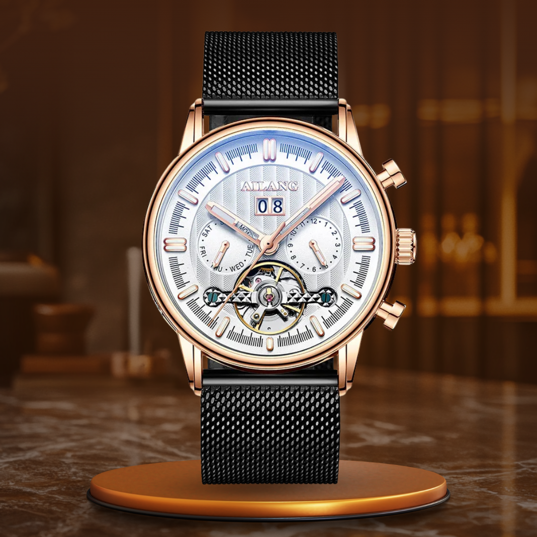 Men’s Tourbillon-Style Automatic Watch 41 mm | Day-Date Dual Subdial | Leather Strap | 3 ATM