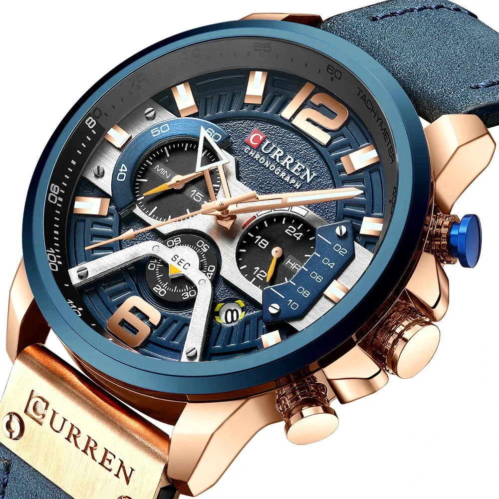 Men’s Chronograph-Style Sports Watch | 48 mm Oversize Case | Tachymeter Bezel | Multi-Function Subdials | Leather Strap